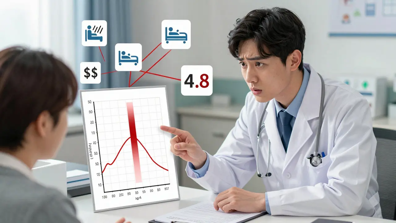 Neurologist showing blood level graph with dangerous drop to patient in clinic