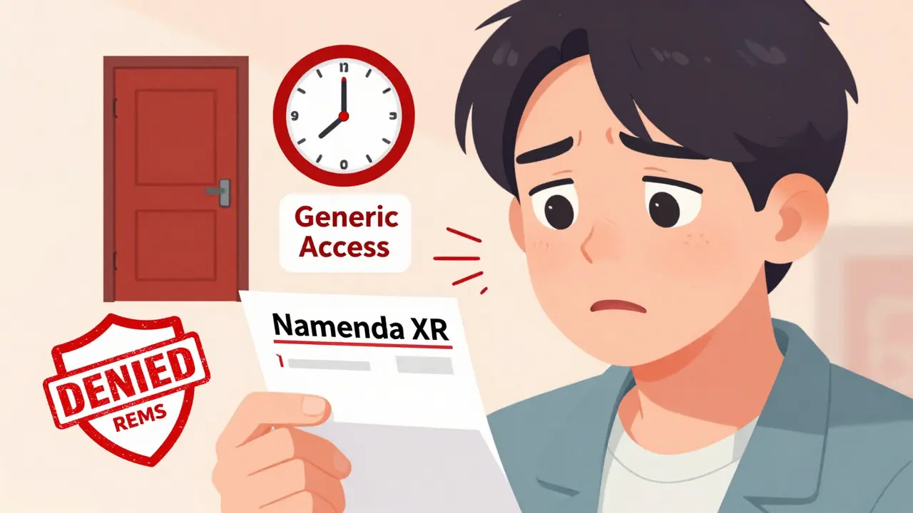 Patient confusedly holding new pill with icons of blocked access and ticking clock.