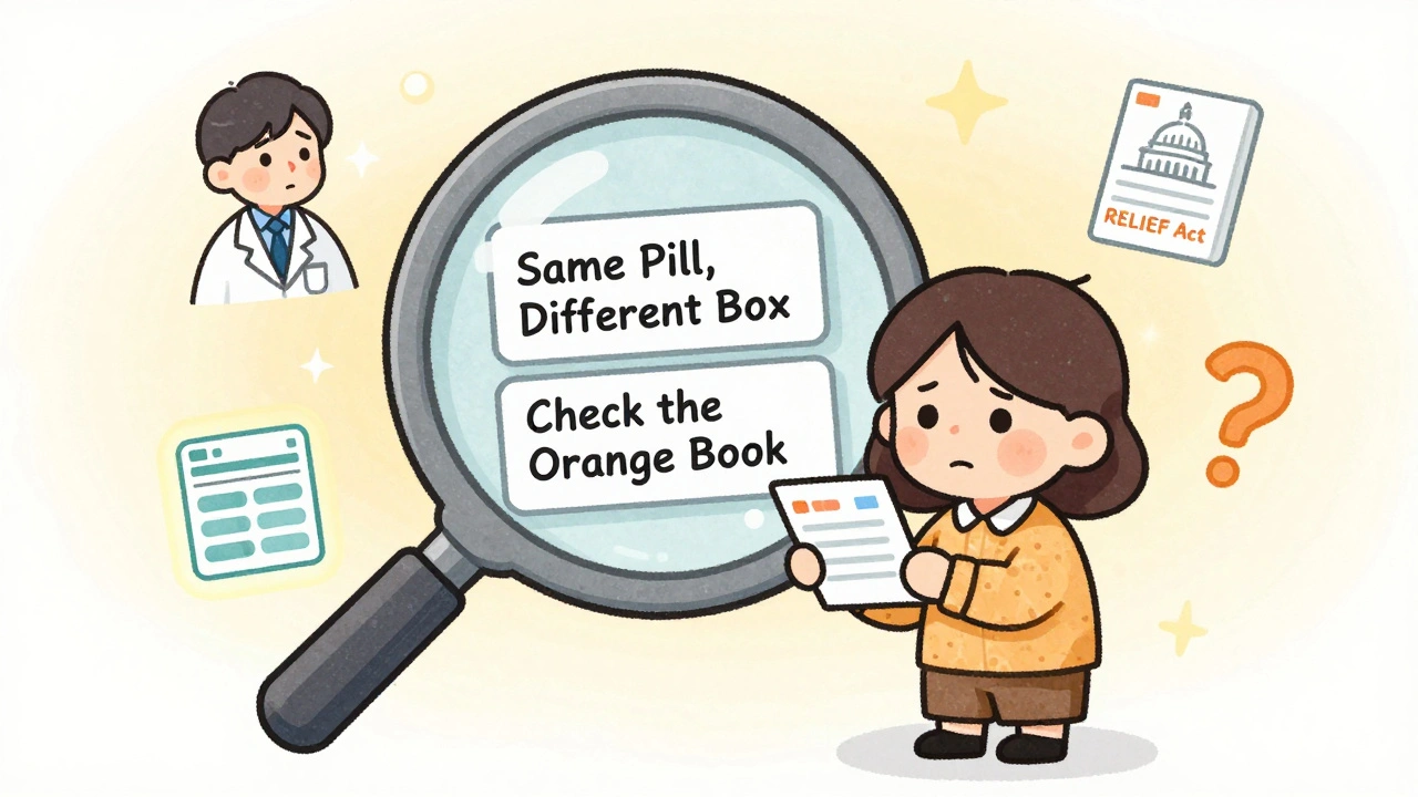 Patient examines a prescription under a magnifying glass revealing hidden truths about generic medications.