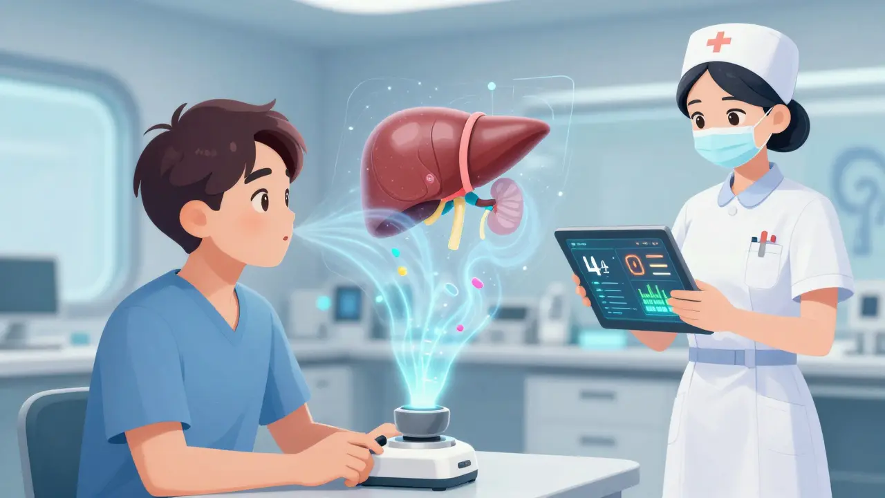 Patient exhaling into a device that projects holographic organ health data, AI forecast visible on tablet in webtoon style.