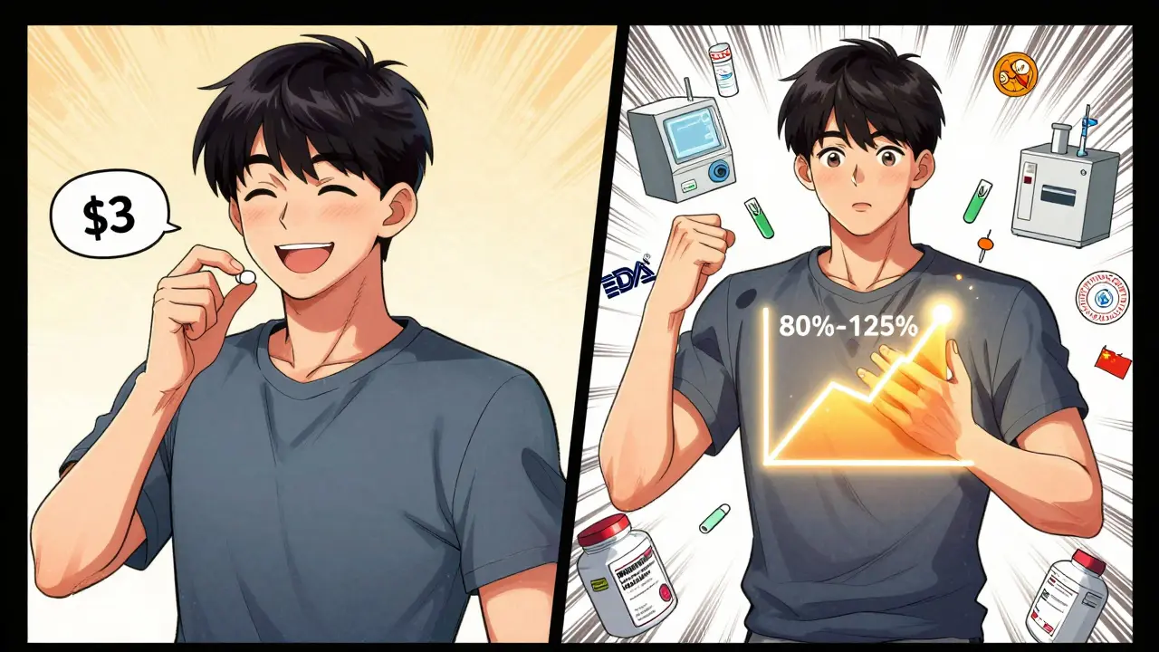 Patient taking generic pill with glowing bioequivalence graph radiating from their chest, lab equipment around them.