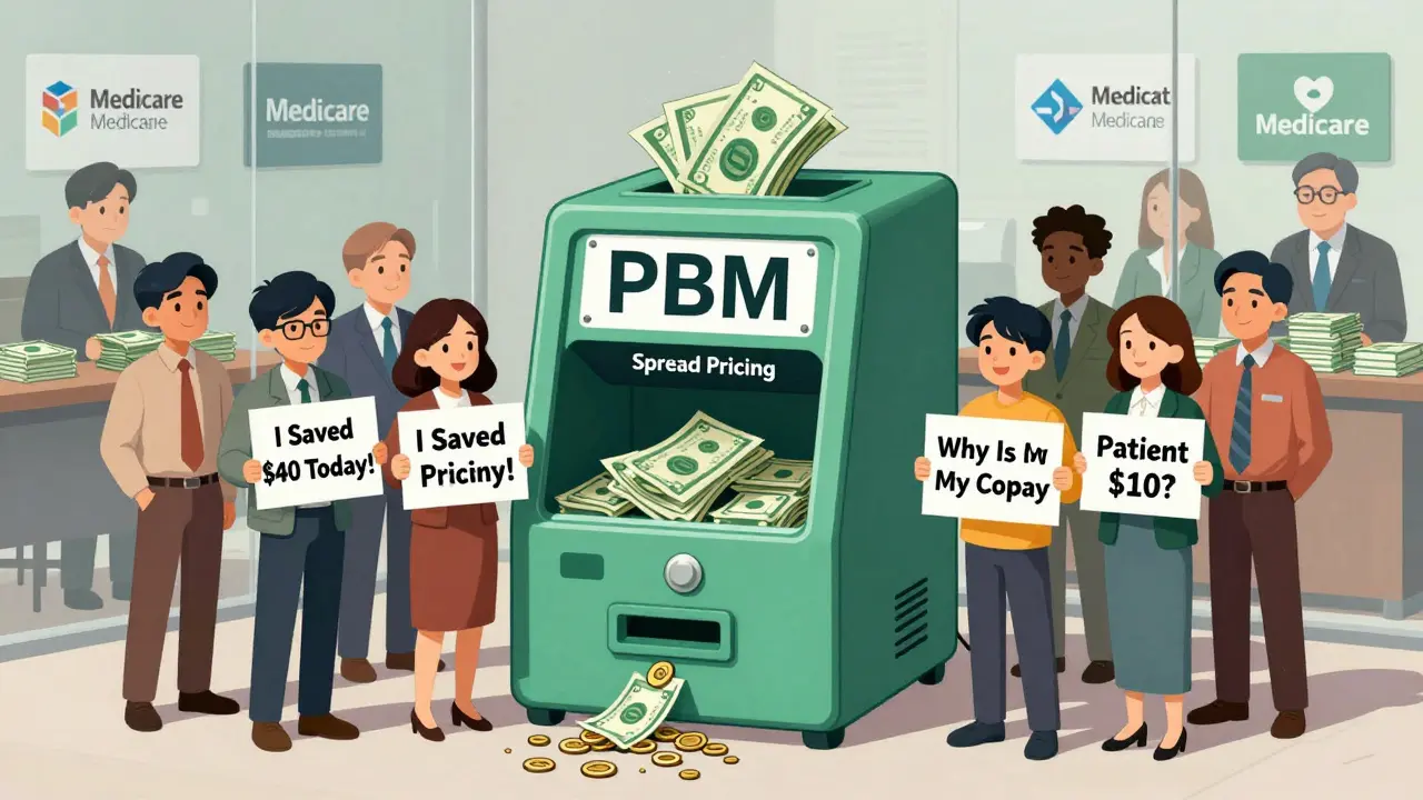 People celebrate savings while a hidden PBM machine profits from spread pricing, revealing financial inequality.