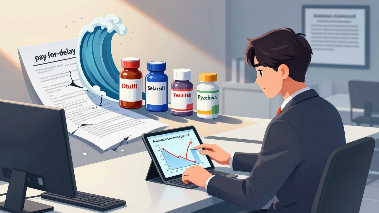 Pharmaceutical executive watches a falling graph of authorized generics while biosimilar drugs rise behind them.