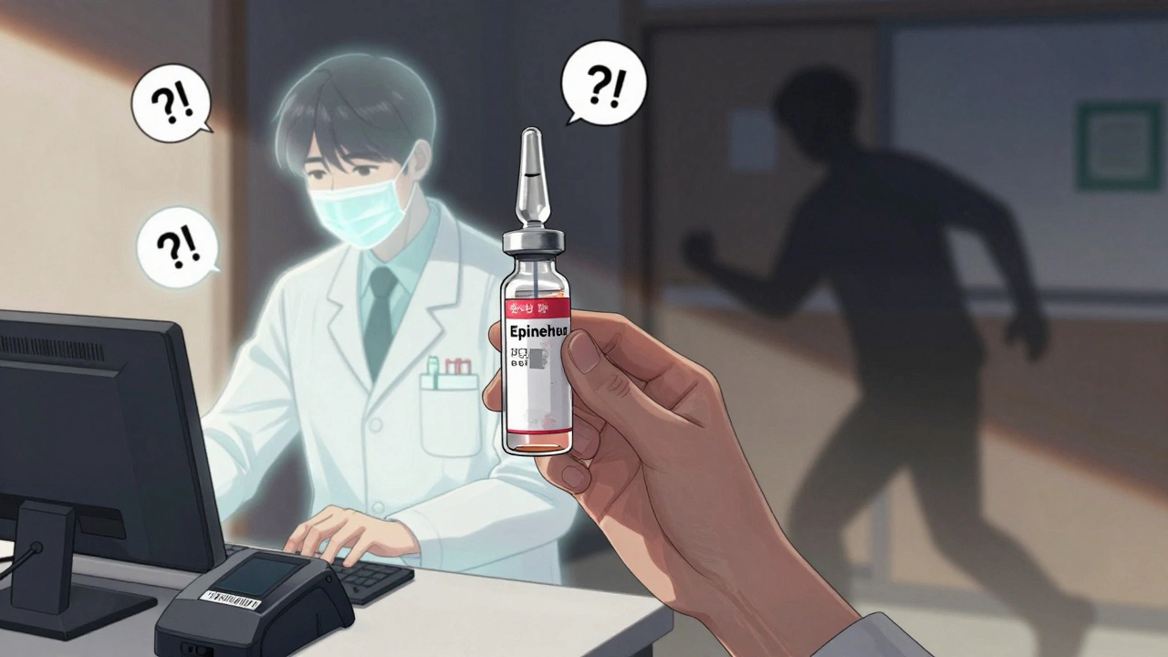 Pharmacist about to bypass scanner alert with ampule, ghostly correct dose visible, patient fading away in background.