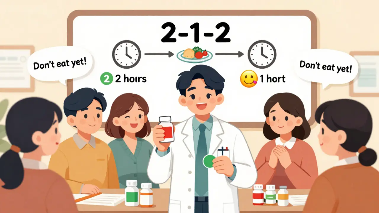 Pharmacist applying color-coded stickers to medicine bottles while patients and digital alerts watch.