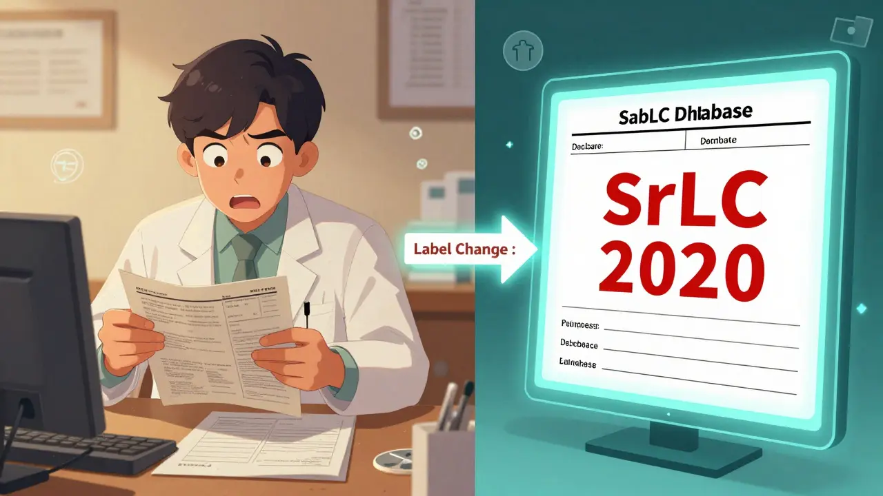 Pharmacist comparing outdated drug label with updated SrLC Database warning on screen.