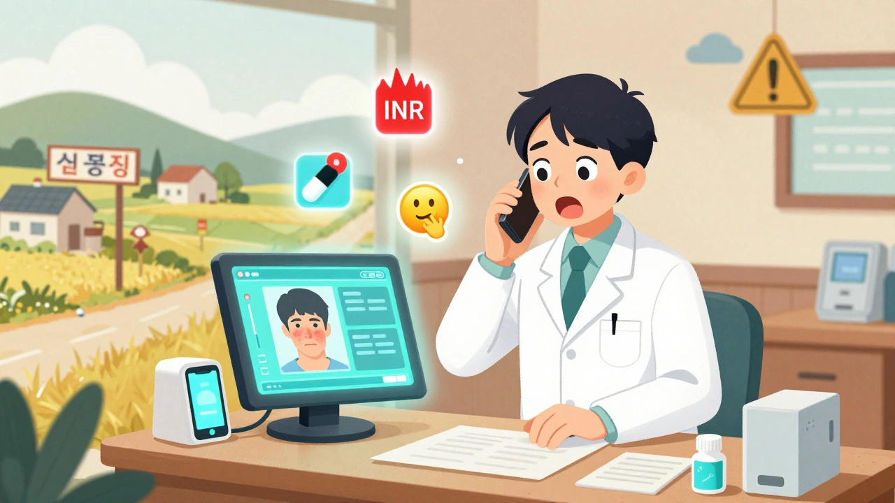 Pharmacist monitoring patient alerts on a digital dashboard in a rural clinic, with a rash photo upload visible.