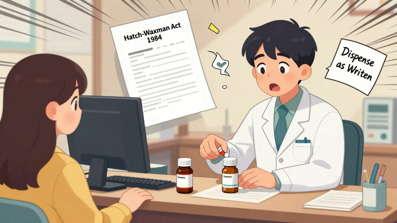 Pharmacist swaps brand-name medication for generic, with legal document floating above as the doctor's note disappears.
