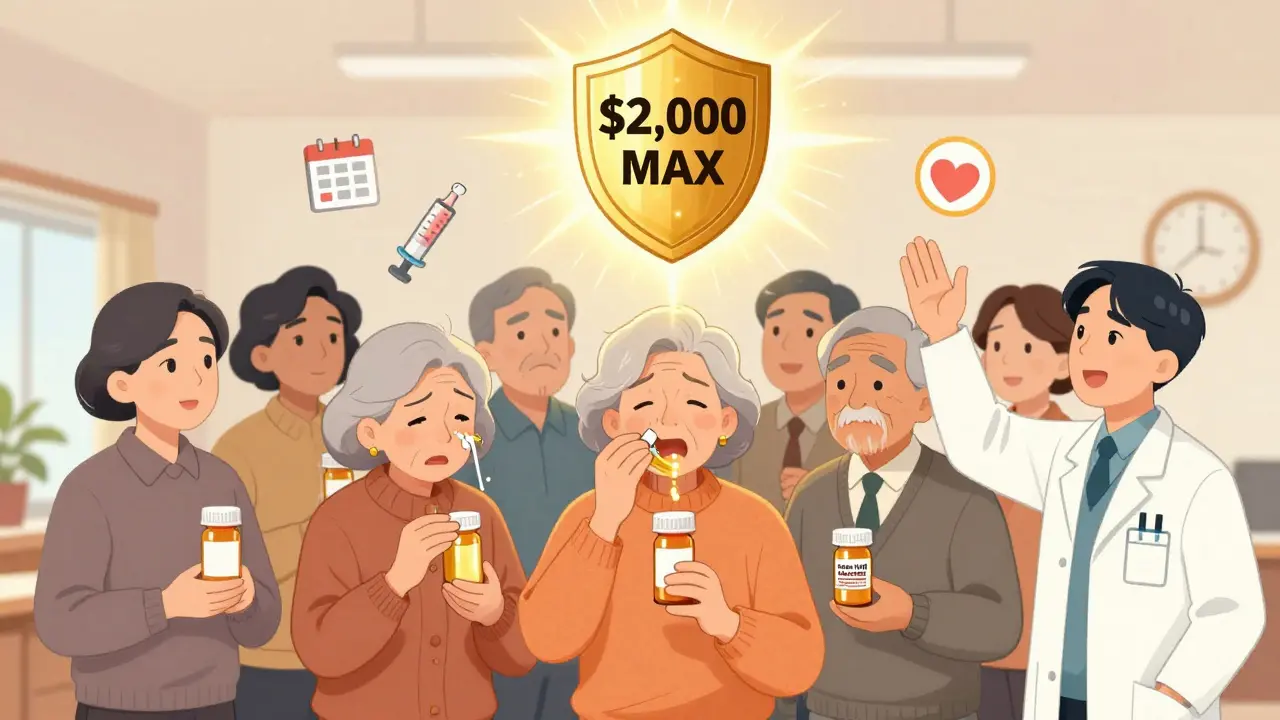 Seniors in community center relieved as a ,000 out-of-pocket cap shines above them.