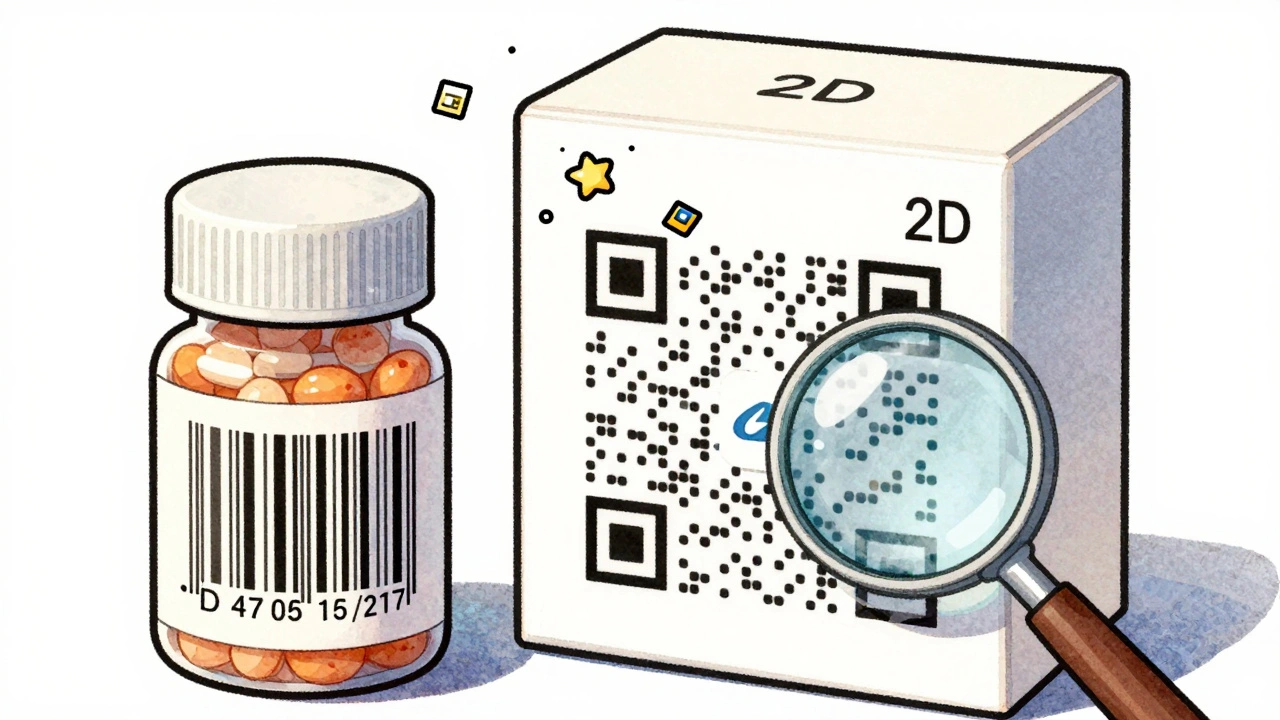 Side-by-side comparison of 1D and 2D barcodes with floating data icons like expiration date and manufacturer logo.