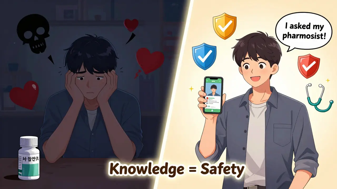 Split scene: confused person ignoring warnings vs. confident person using phone with medication guide and safety icons.