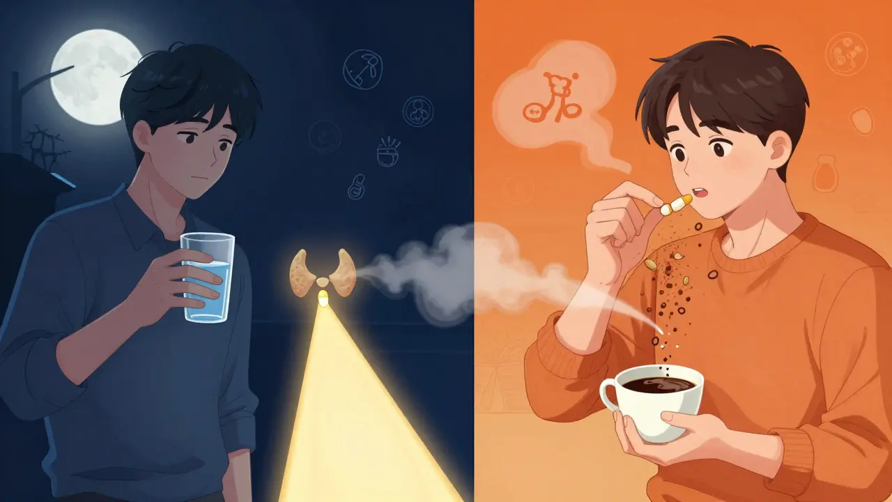 Split scene: correct levothyroxine intake at dawn vs. wrong intake with coffee and yogurt.