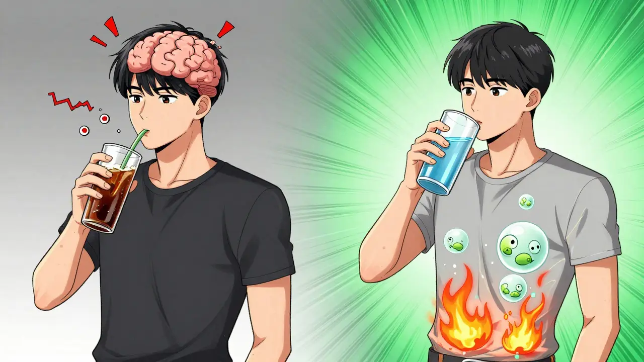 Split scene: diet soda causing hunger vs. water breaking down fat cells and boosting metabolism.