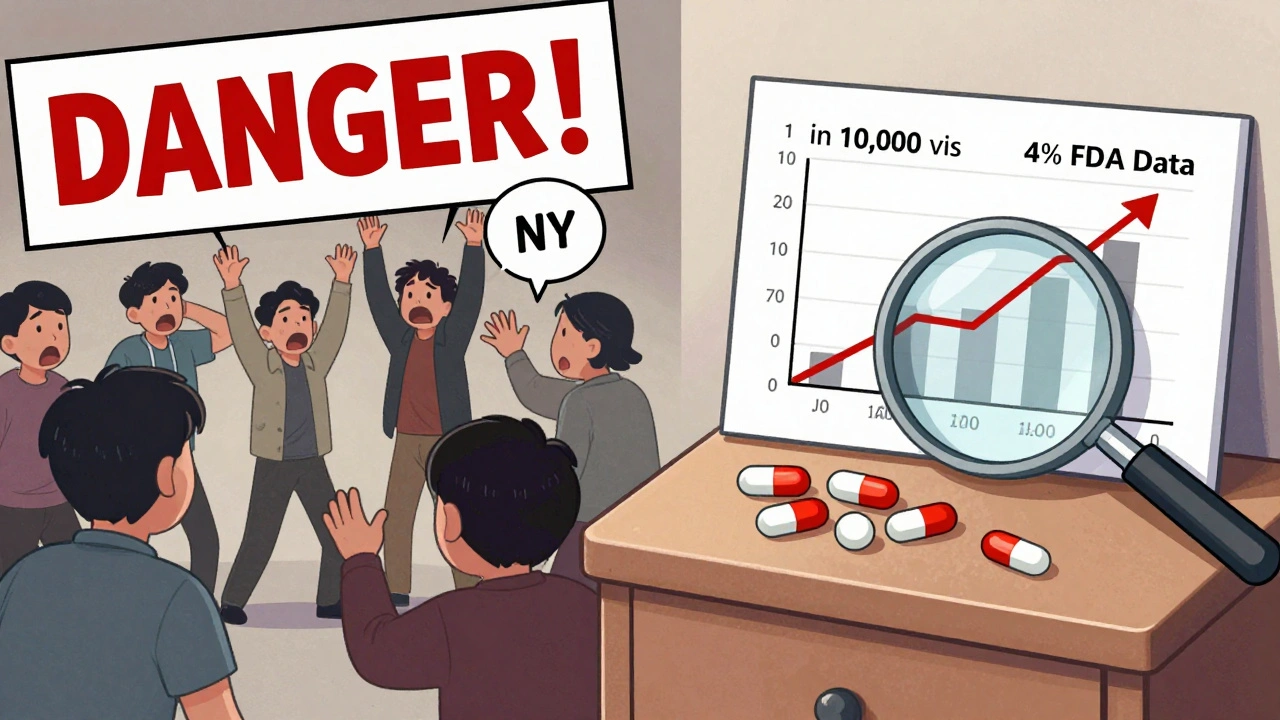Split scene: panicked media headlines vs. calm FDA data graph showing real risk numbers.