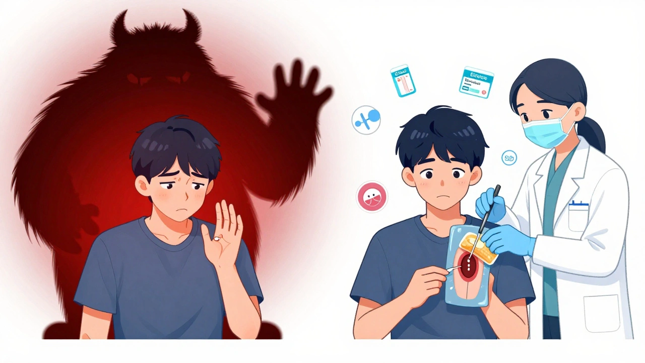 Split scene: patient stopping blood thinners with a stroke threat vs. safely continuing medication during dental procedure.