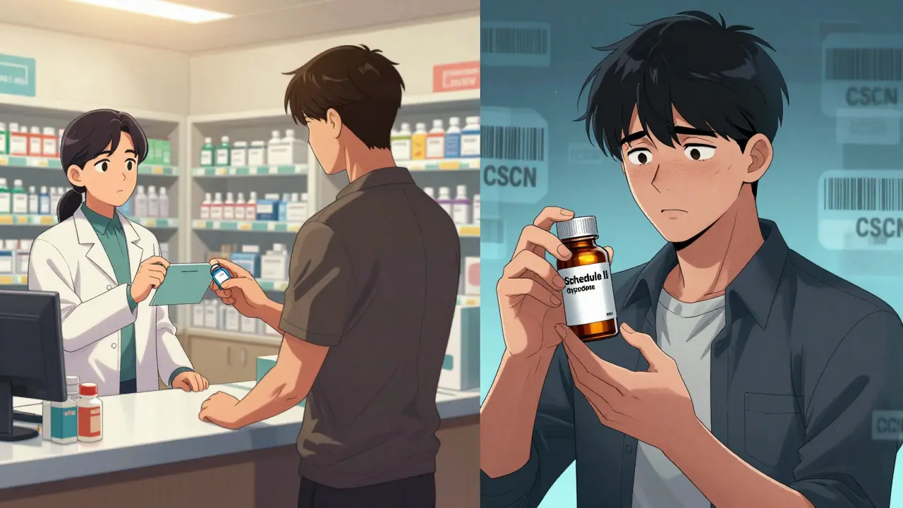 Split scene: Schedule V cough syrup bought over-the-counter vs. Schedule II opioid with no-refill warning.