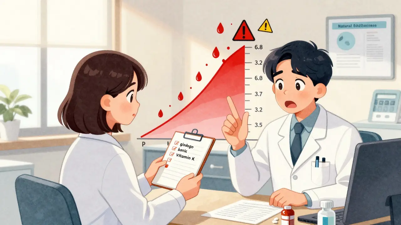 Woman at doctor’s office showing supplement list as INR graph spikes violently behind them.