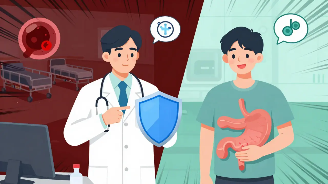 A doctor giving a protective pill to a patient, with contrasting images of damaged and healthy guts.