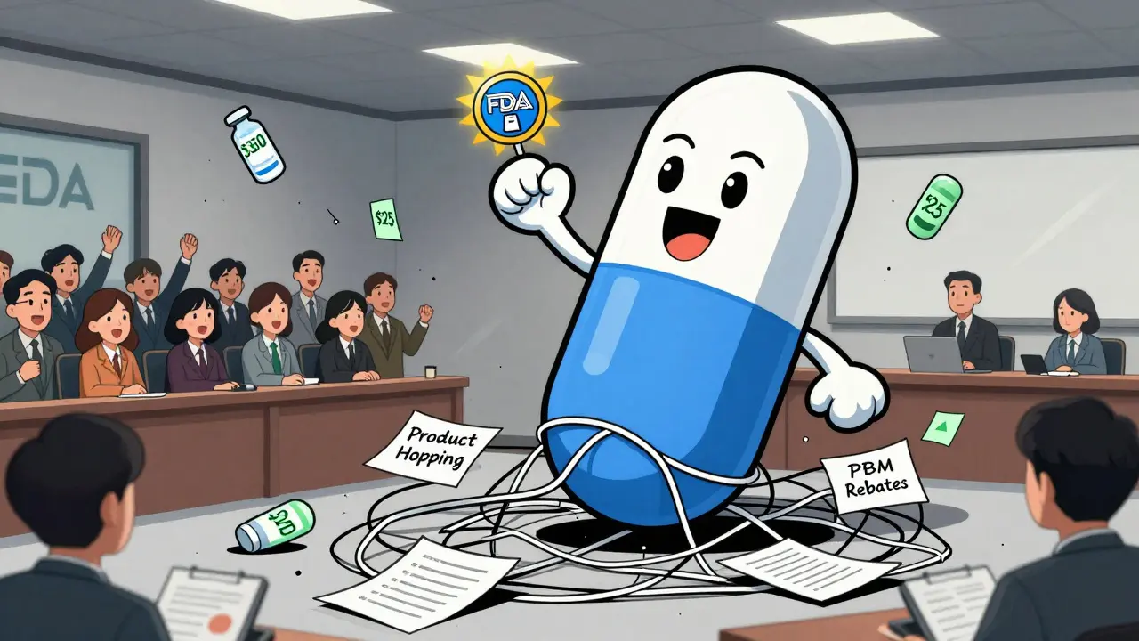 A giant generic pill crushes patent abuses and rebates in a courtroom, while patients celebrate falling drug prices.