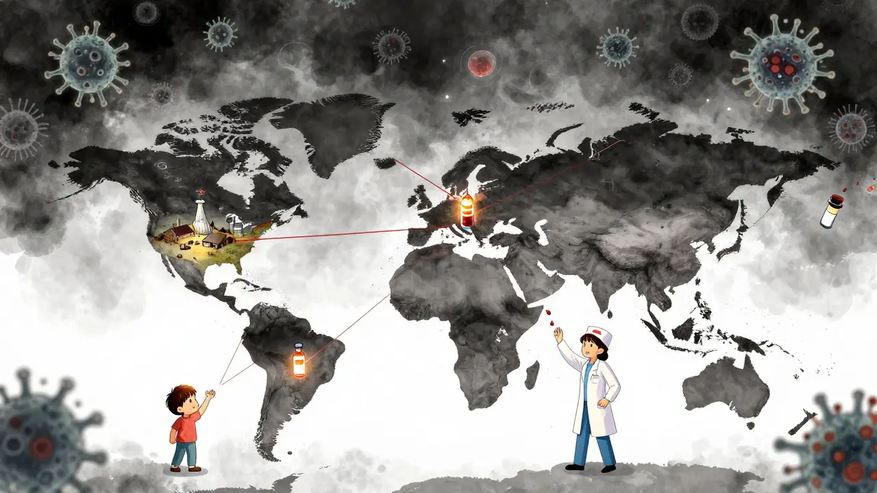 A global map shows snapping supply chains as people reach for falling antibiotics in different countries.