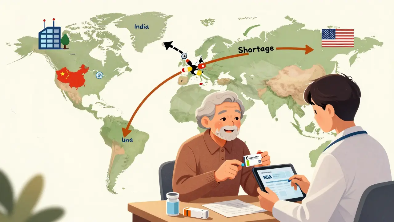 A global supply chain delivers generics to a smiling senior, with one broken arrow showing a drug shortage.