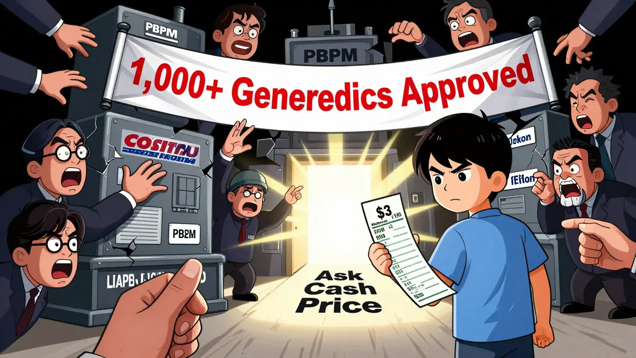 A patient stands against a corporate machine, holding a low cash price receipt as sunlight shines on a path to savings.