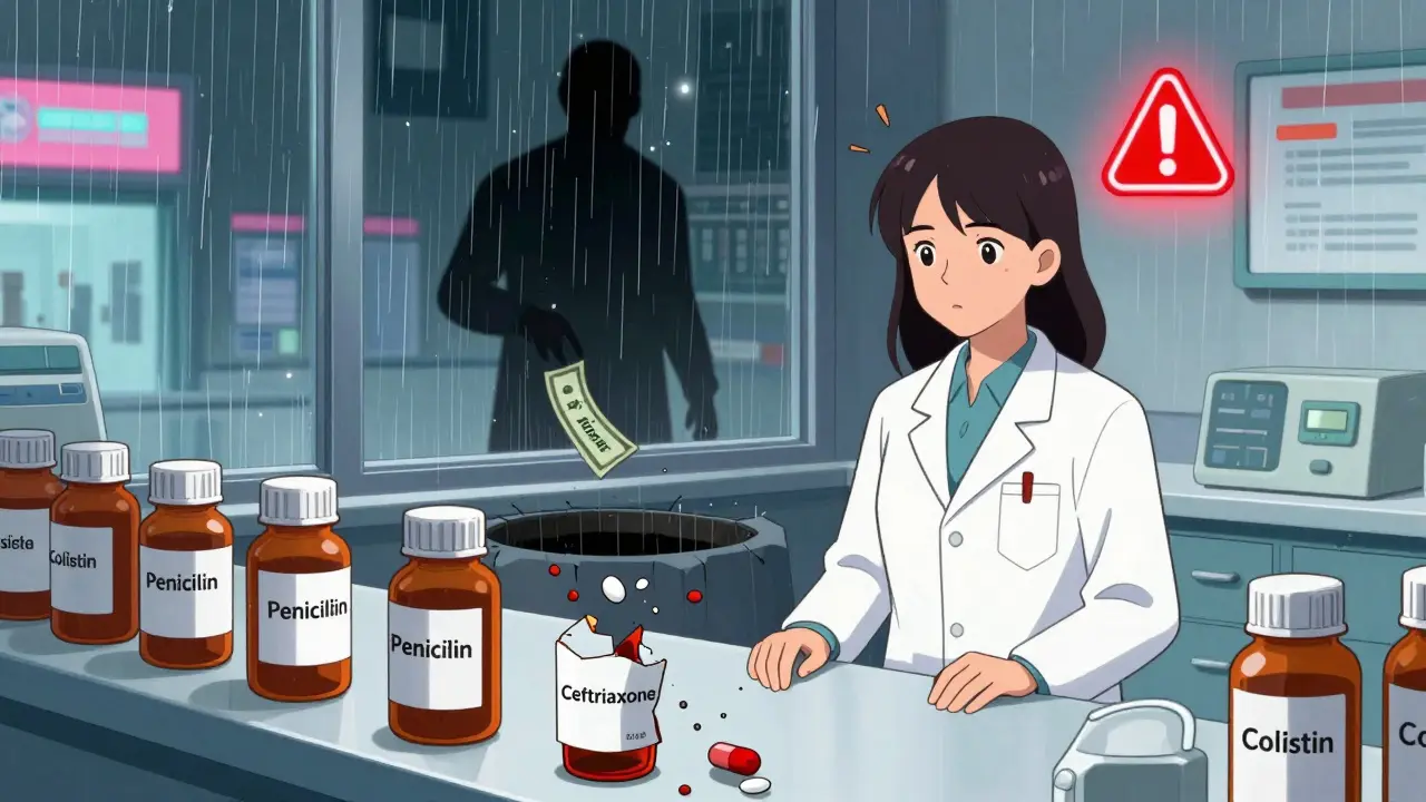 A pharmacist stands surrounded by broken antibiotic bottles with a warning icon above her head.