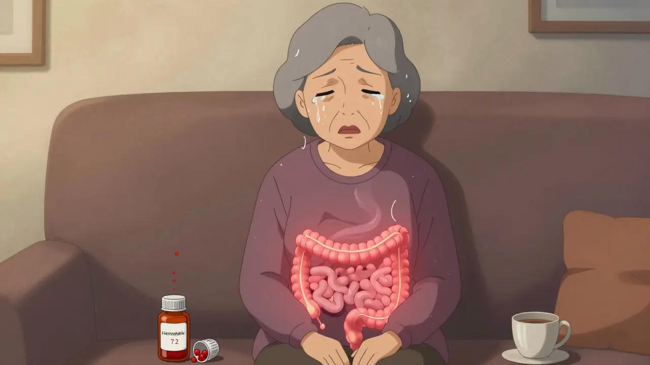 An elderly woman looking tired, with translucent blood vessels glowing in her intestines from long-term NSAID use.