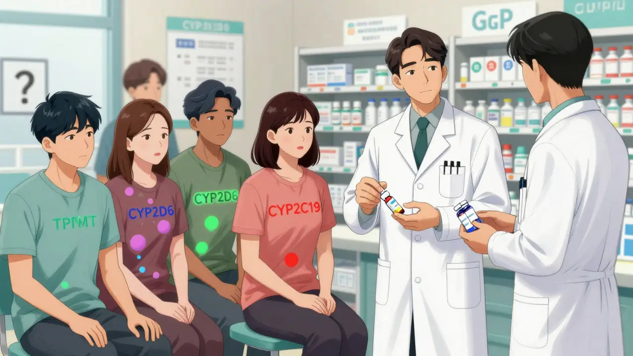 Diverse patients receiving generic pills, each with unique genetic markers showing different body reactions.