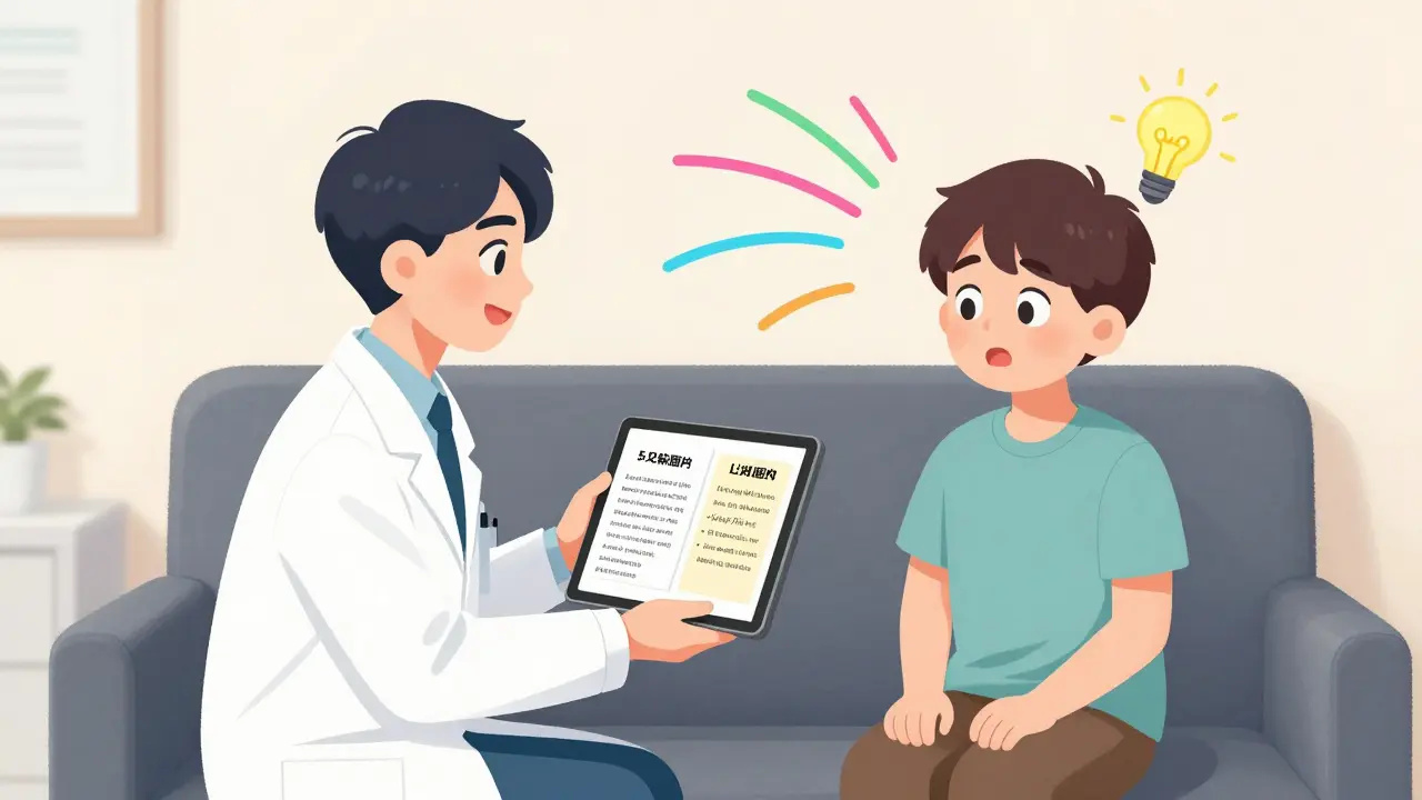 Doctor and patient side by side, viewing side-by-side clinical and plain-language medical notes.