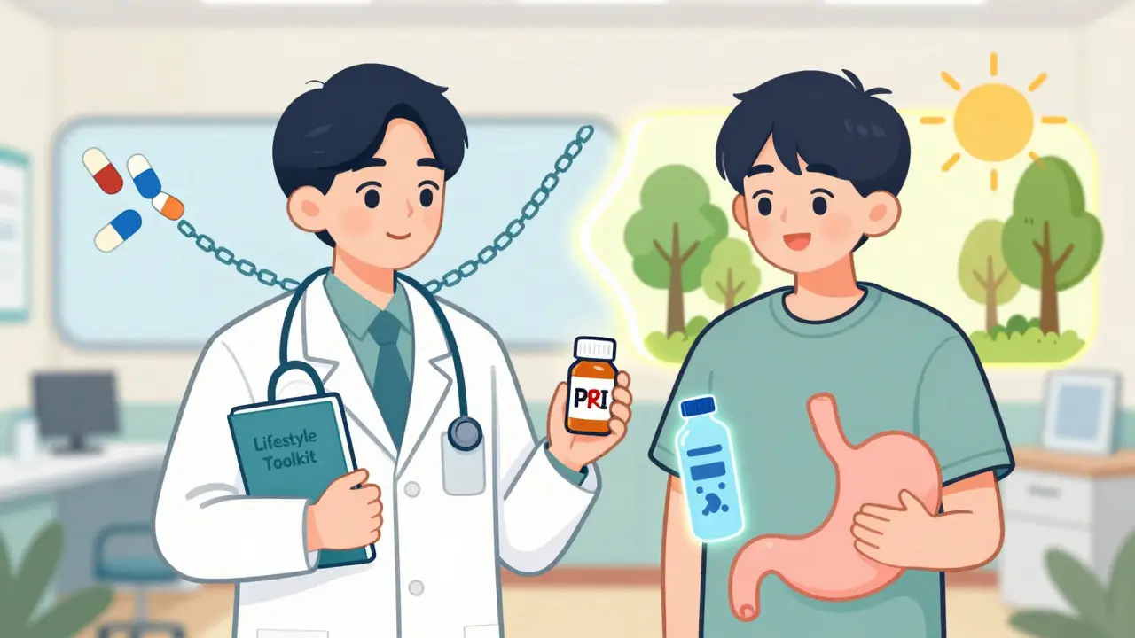 Doctor handing back PPI bottle while patient holds lifestyle toolkit, symbolic path showing two health outcomes.