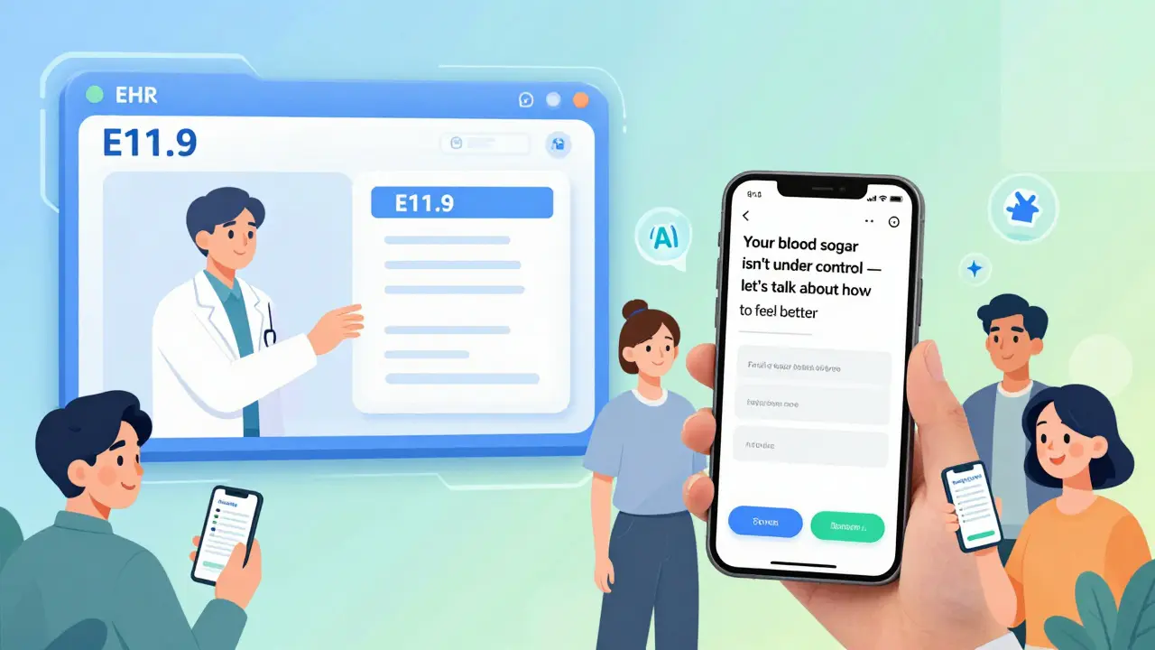 EHR screen splitting into provider and patient views, with AI helping translate medical terms.