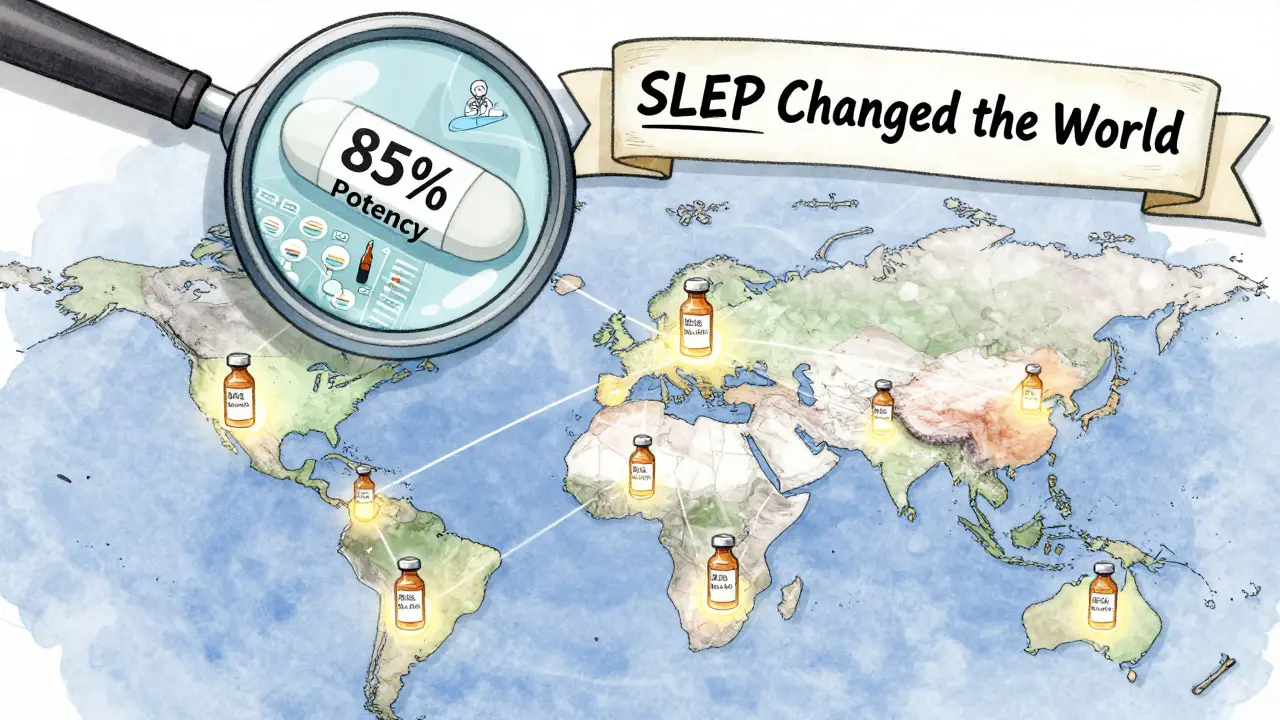 Global map showing SLEP connections between nations, magnifying glass over a tablet with 85% potency indicator.