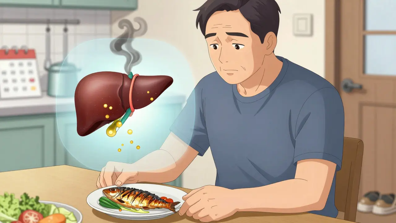Man placing healthy meal on table, with translucent image of liver and pancreas clearing fat deposits.
