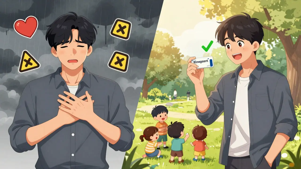 Man switching from risky triptan use to safe treatment while playing with grandkids.