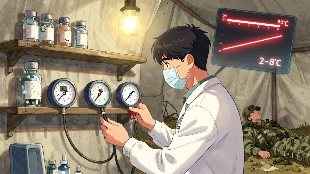 Medic checks dual temperature gauges in tent as vials degrade, soldier collapses in background.