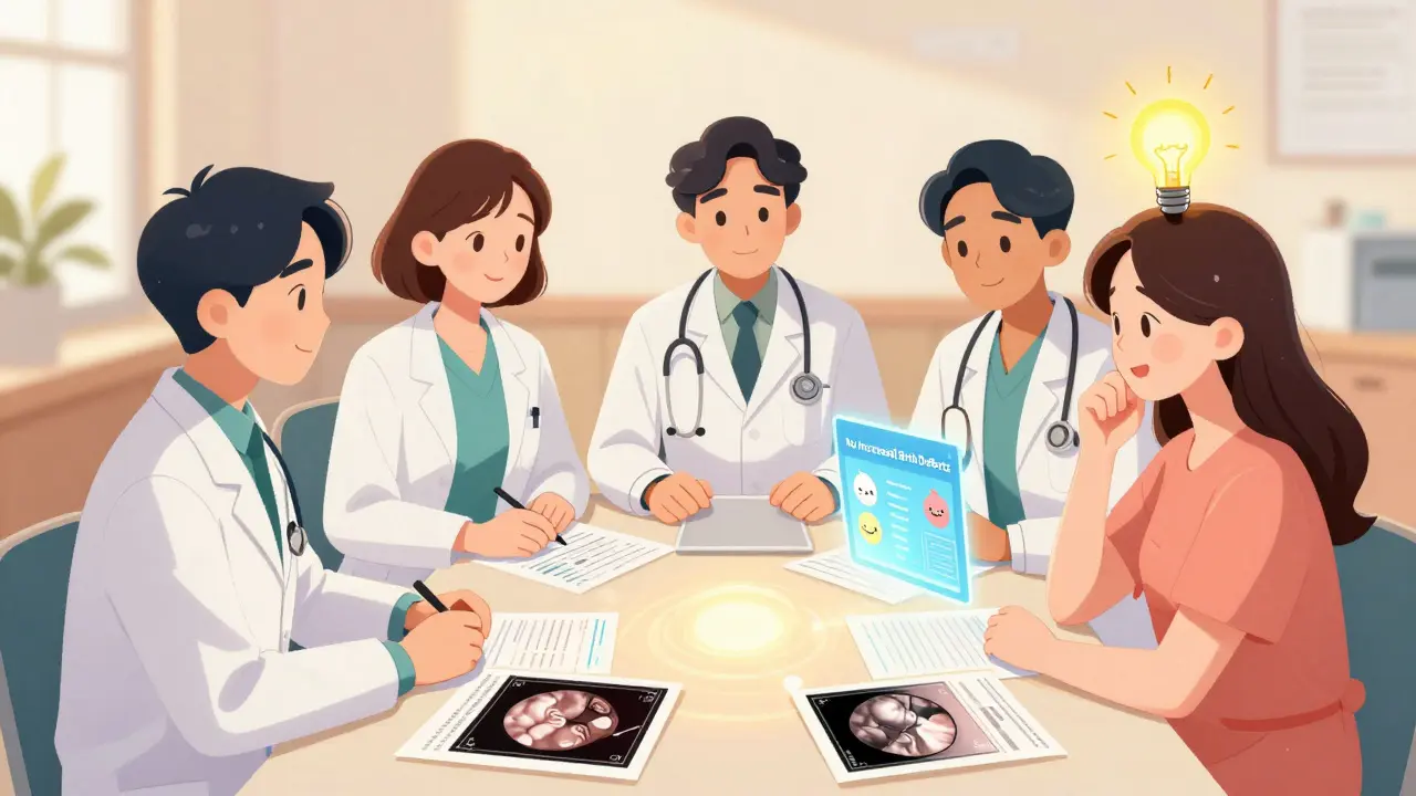 Medical team and patient discussing pregnancy and statins with glowing charts and data