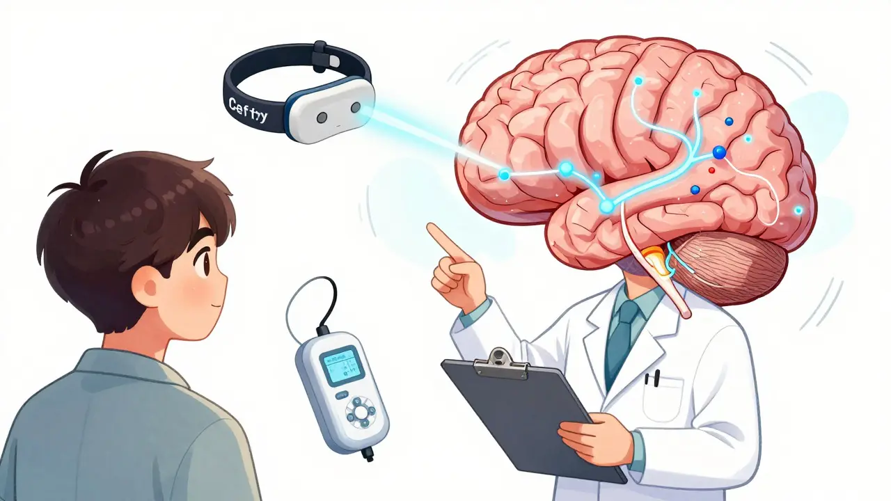 Neurologist explaining CGRP blockers using a brain diagram with medical devices nearby.
