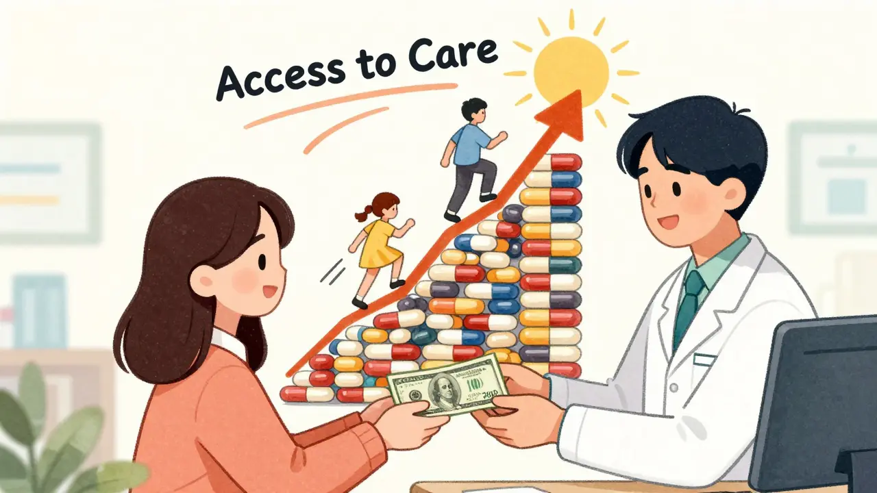 Patient saving money on medication as a mountain of pills rises toward access to care