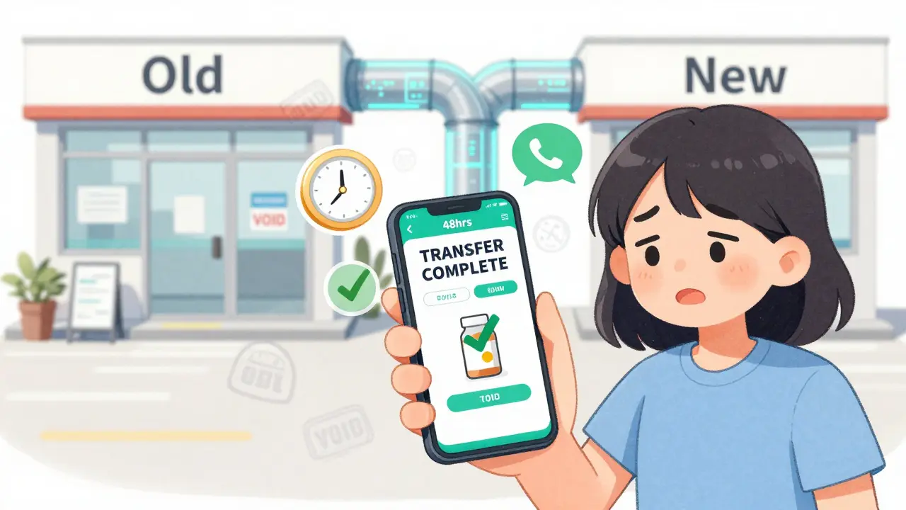 Patient smiling at smartphone showing transfer confirmation with floating icons and pharmacy icons