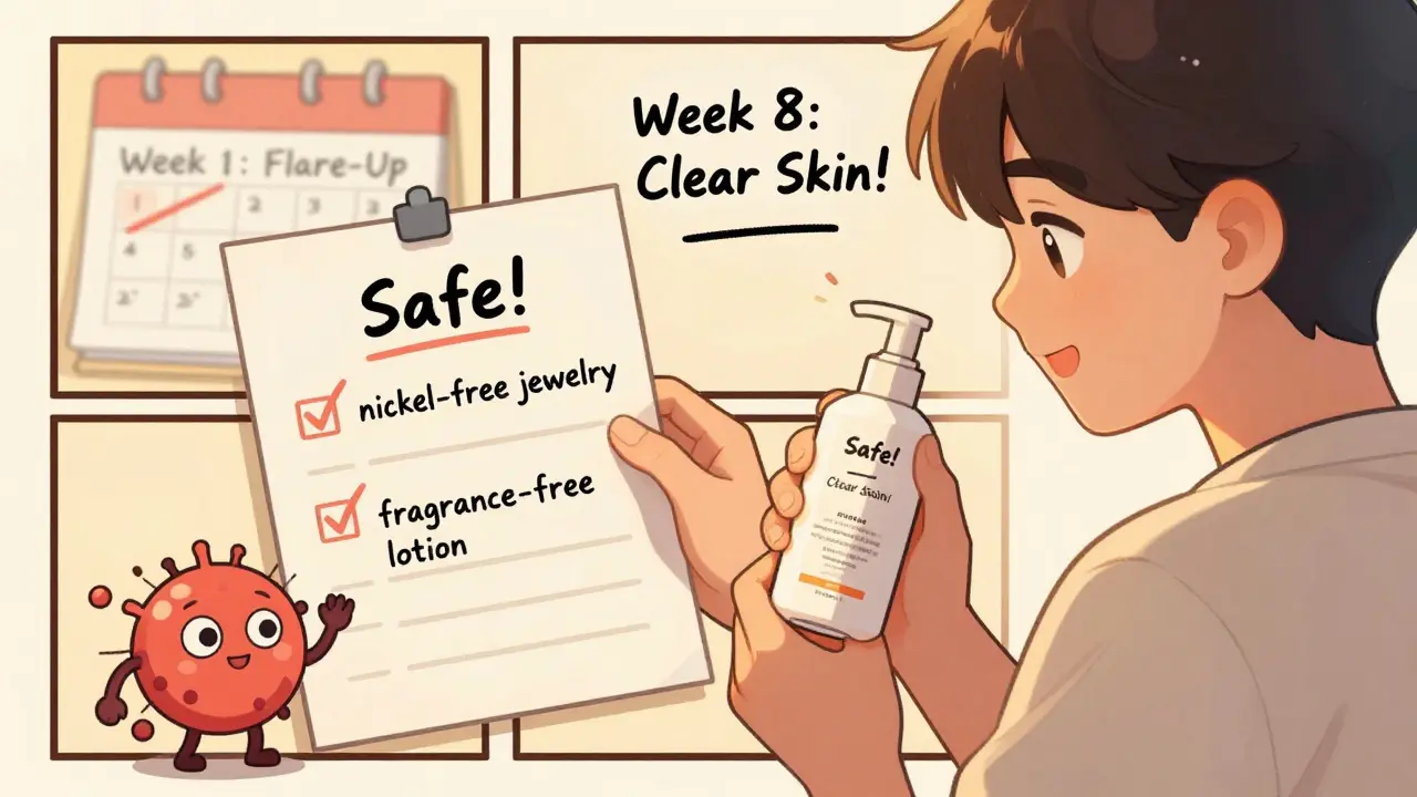 Person happily switching to hypoallergenic products with a checklist of safe items.