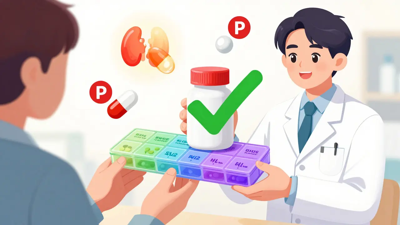Pharmacist advising patient on safe fiber and medication separation with symbolic icons.