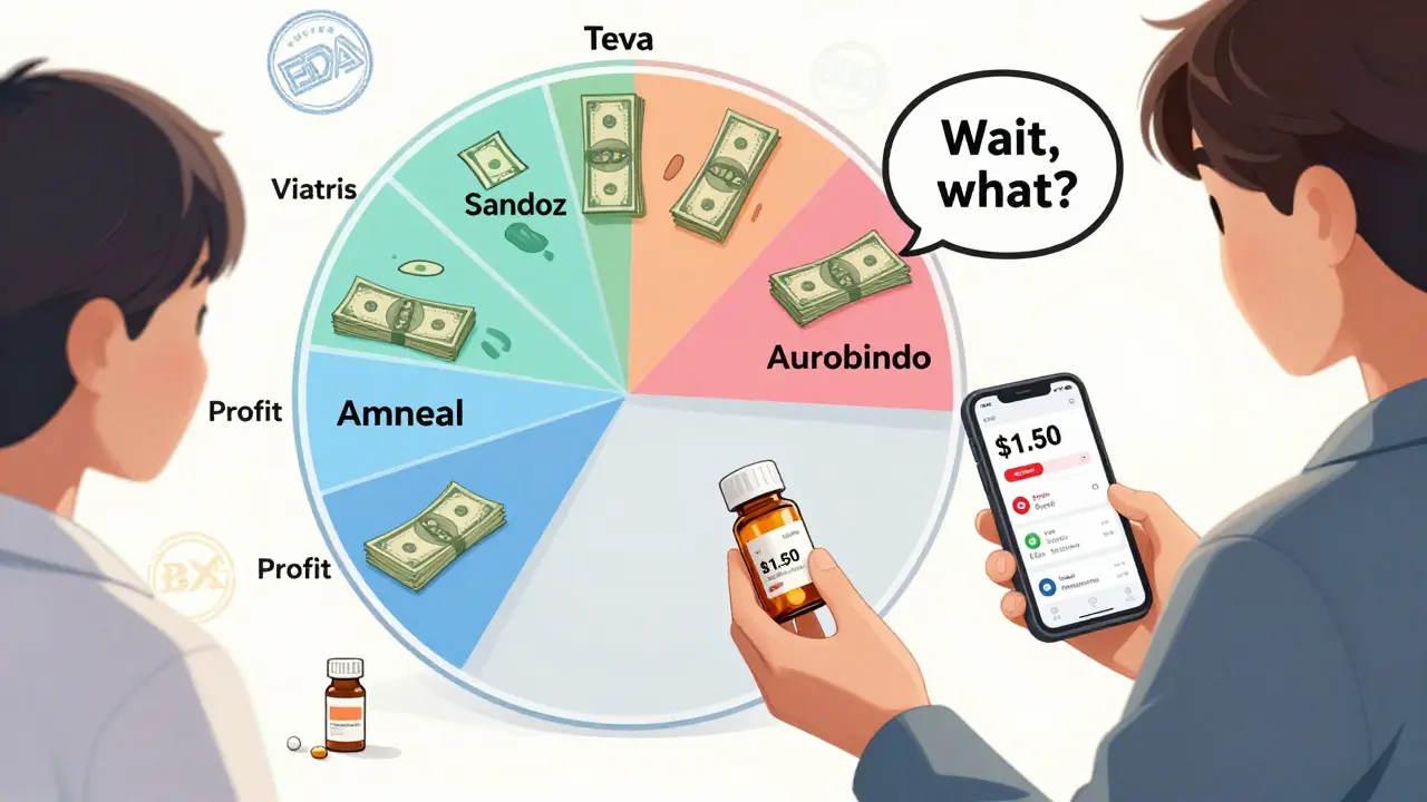 Pharmacist gives a pill bottle while a pie chart shows big pharma companies profiting from price gaps.