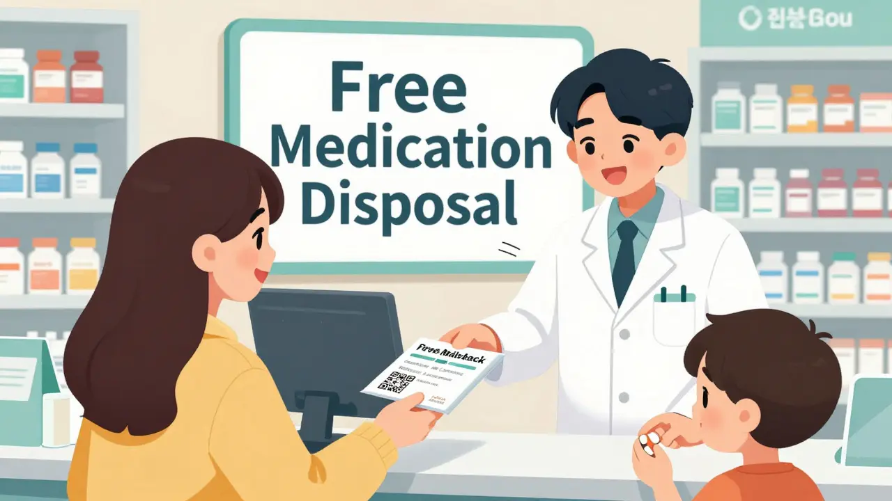 Pharmacist giving a free medication disposal envelope to a customer at the counter.