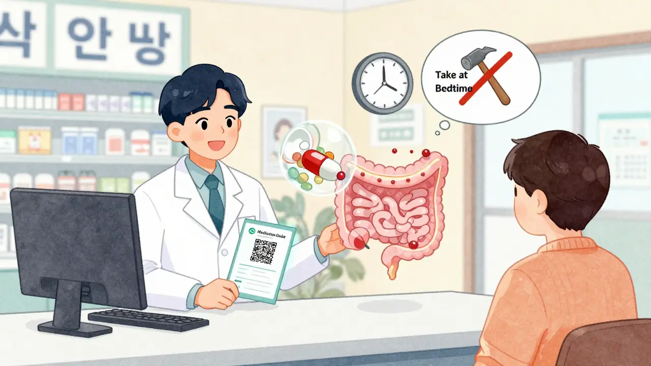 Pharmacist handing a patient a guide with glowing QR code, transparent pill showing inner beads and empty shell in digestive tract.