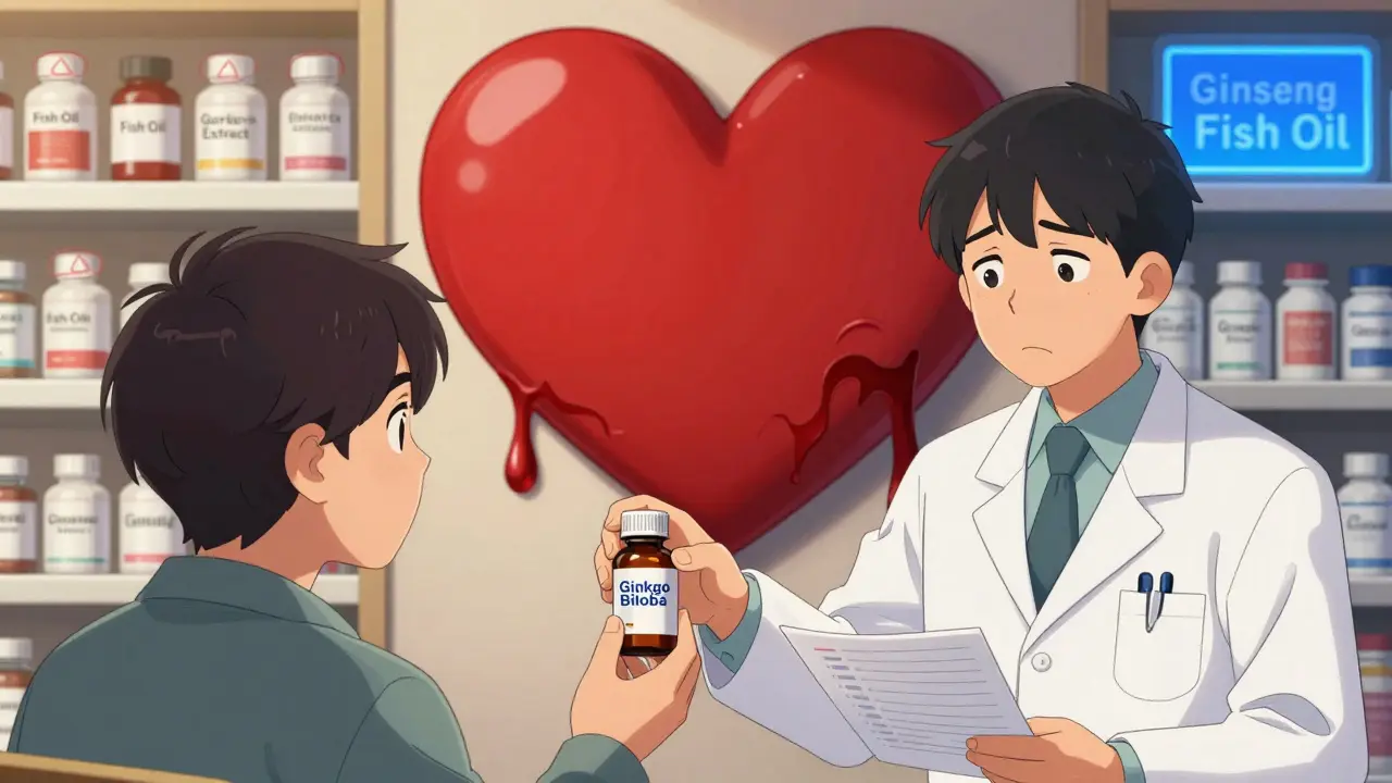 Pharmacist handing Ginkgo bottle to patient while giant bleeding heart warning sign looms behind them.