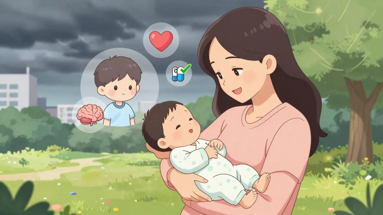 Pregnant woman holding newborn with translucent child growing up surrounded by health icons