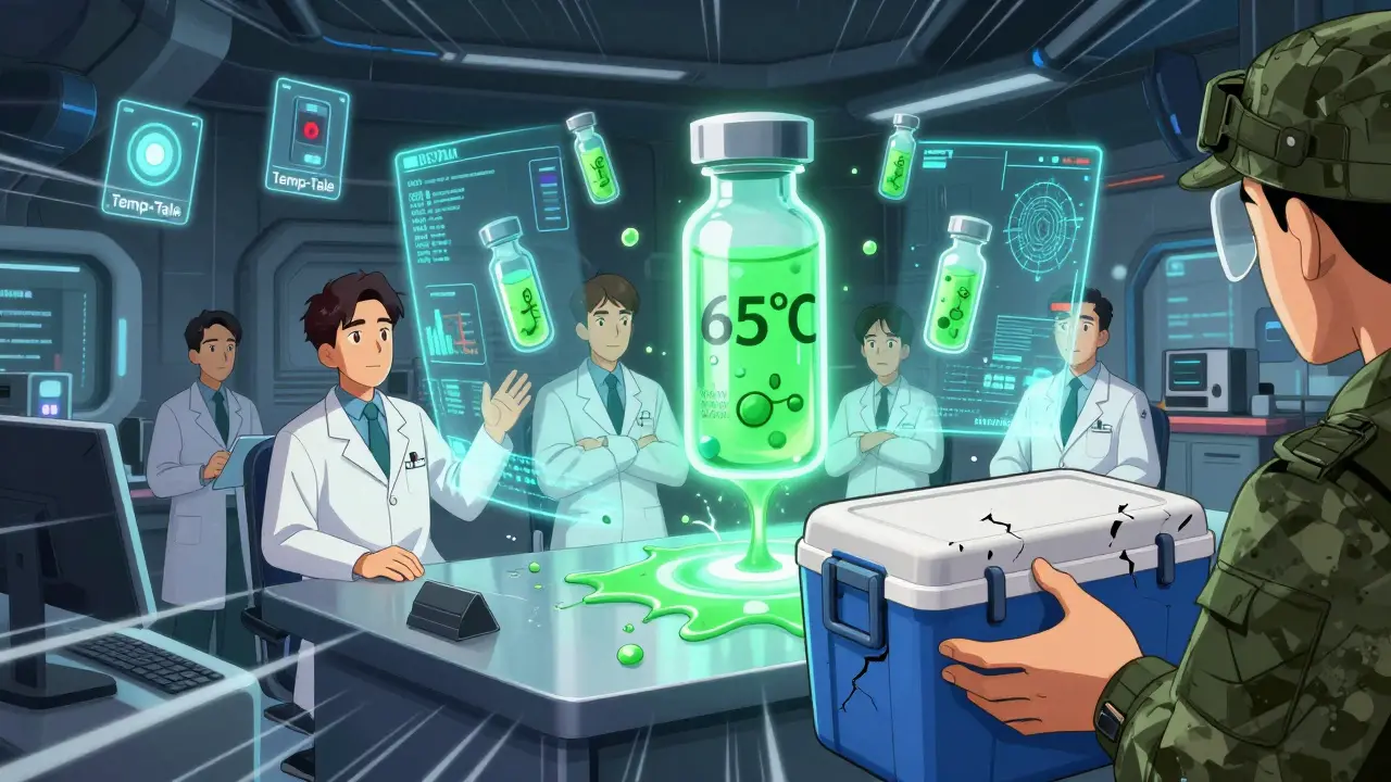 Scientists display heat-stable antibiotics in hologram while traditional coolers melt nearby.