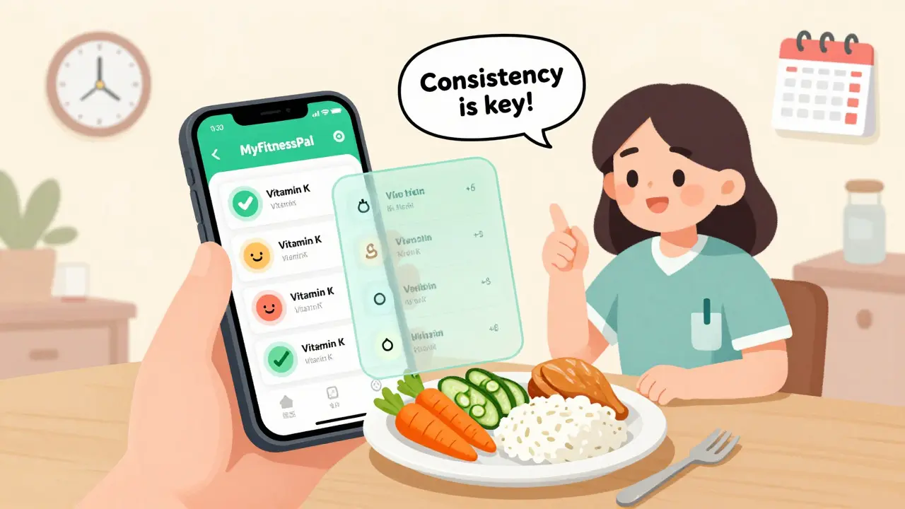 Someone scanning a balanced meal with a food app that shows low vitamin K content, promoting routine tracking.