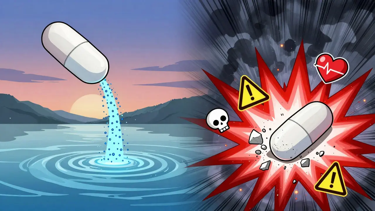 Split illustration: whole pill releasing steady medicine vs. crushed pill exploding in danger symbols.